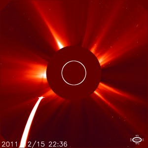 Comet Lovejoy (officially C 2011 W3) nearing the Sun, as seen by SOHO LASCO’s C2 camera. 
